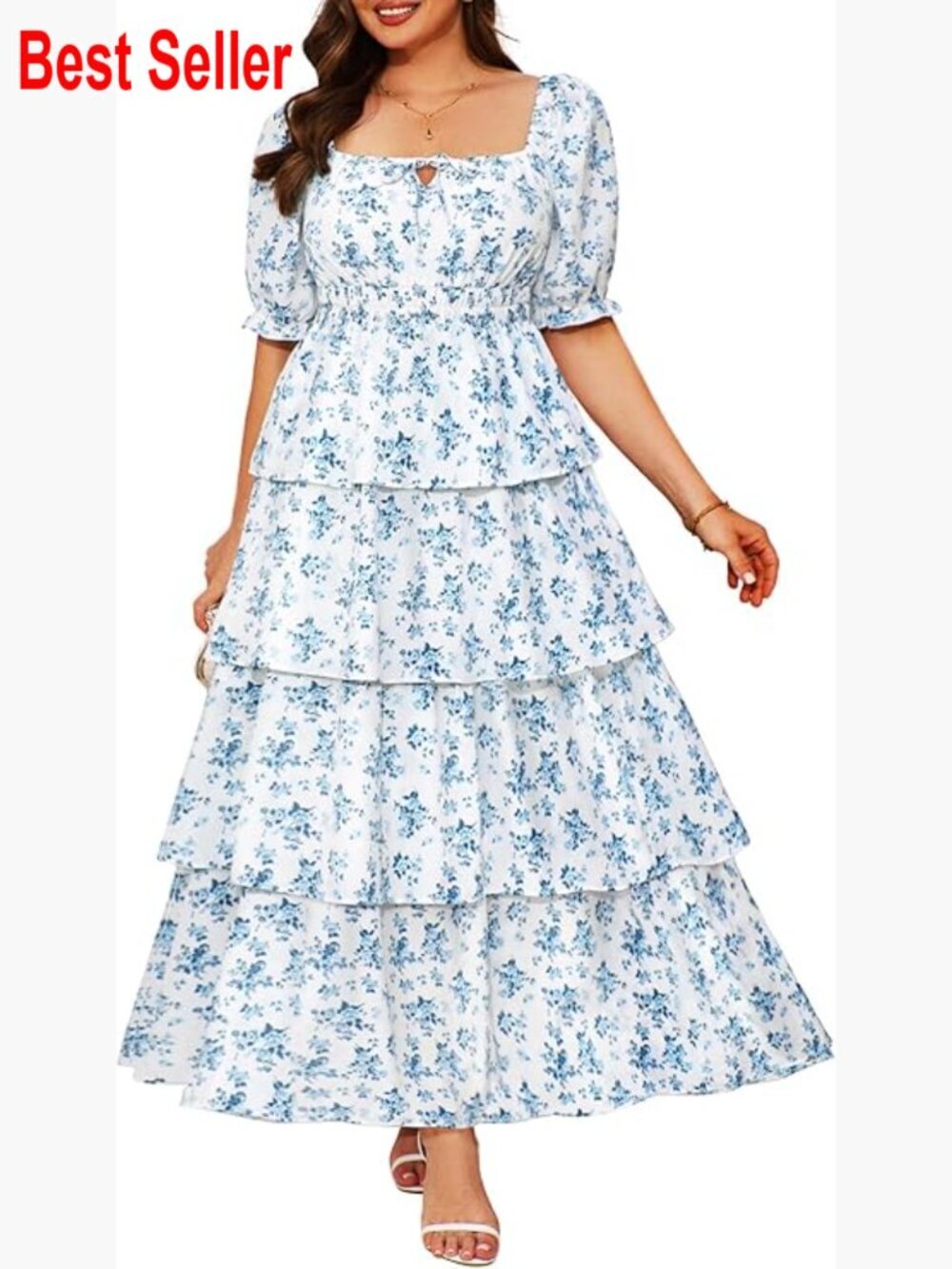 Viscose Maxi Sundress with Puff Sleeves and Tiered Ruffle Hem